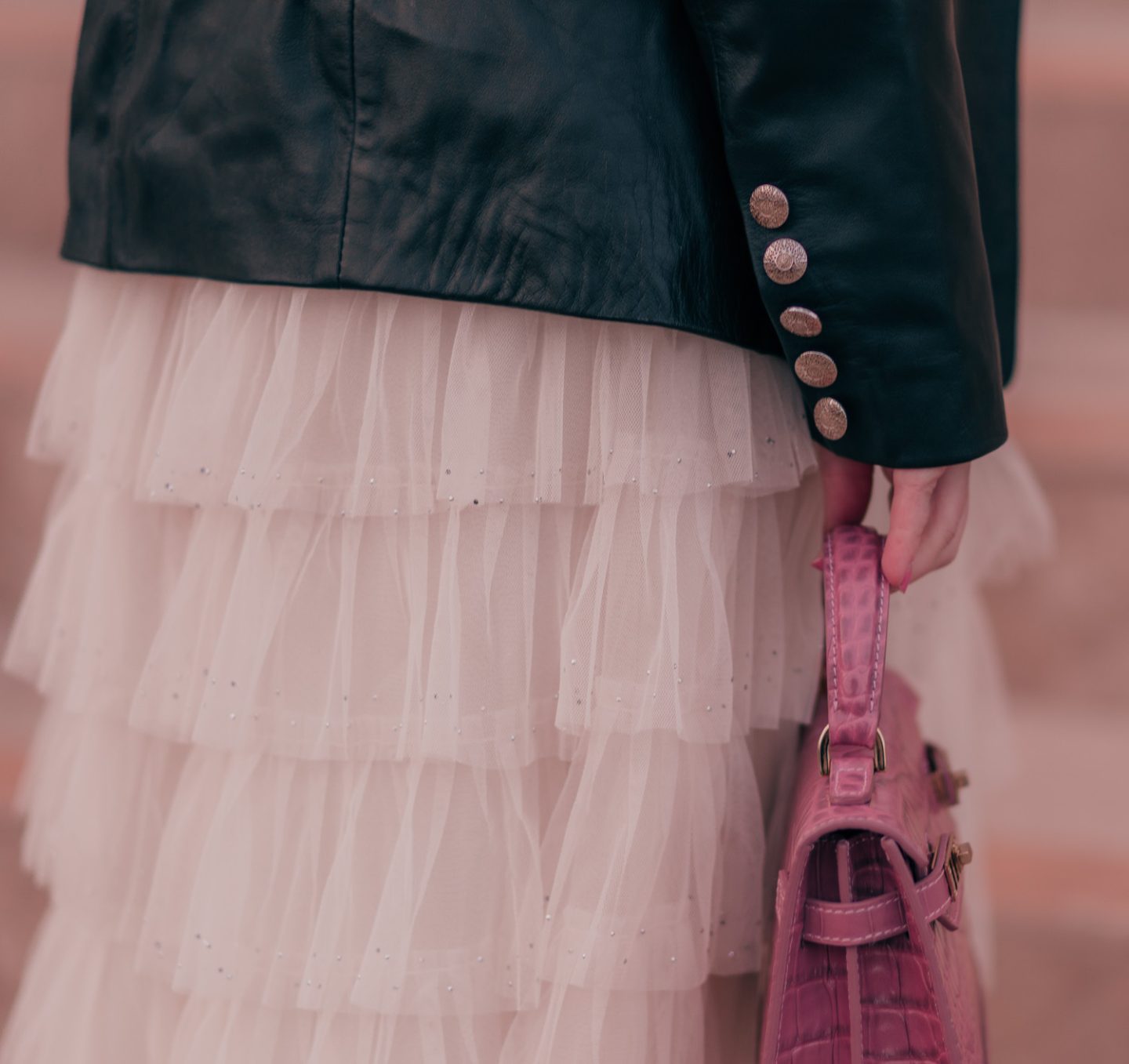 Feminine fashion blogger Elizabeth Hugen of Lizzie in Lace shares her honest FJackets Review featuring a black leather blazer outfit